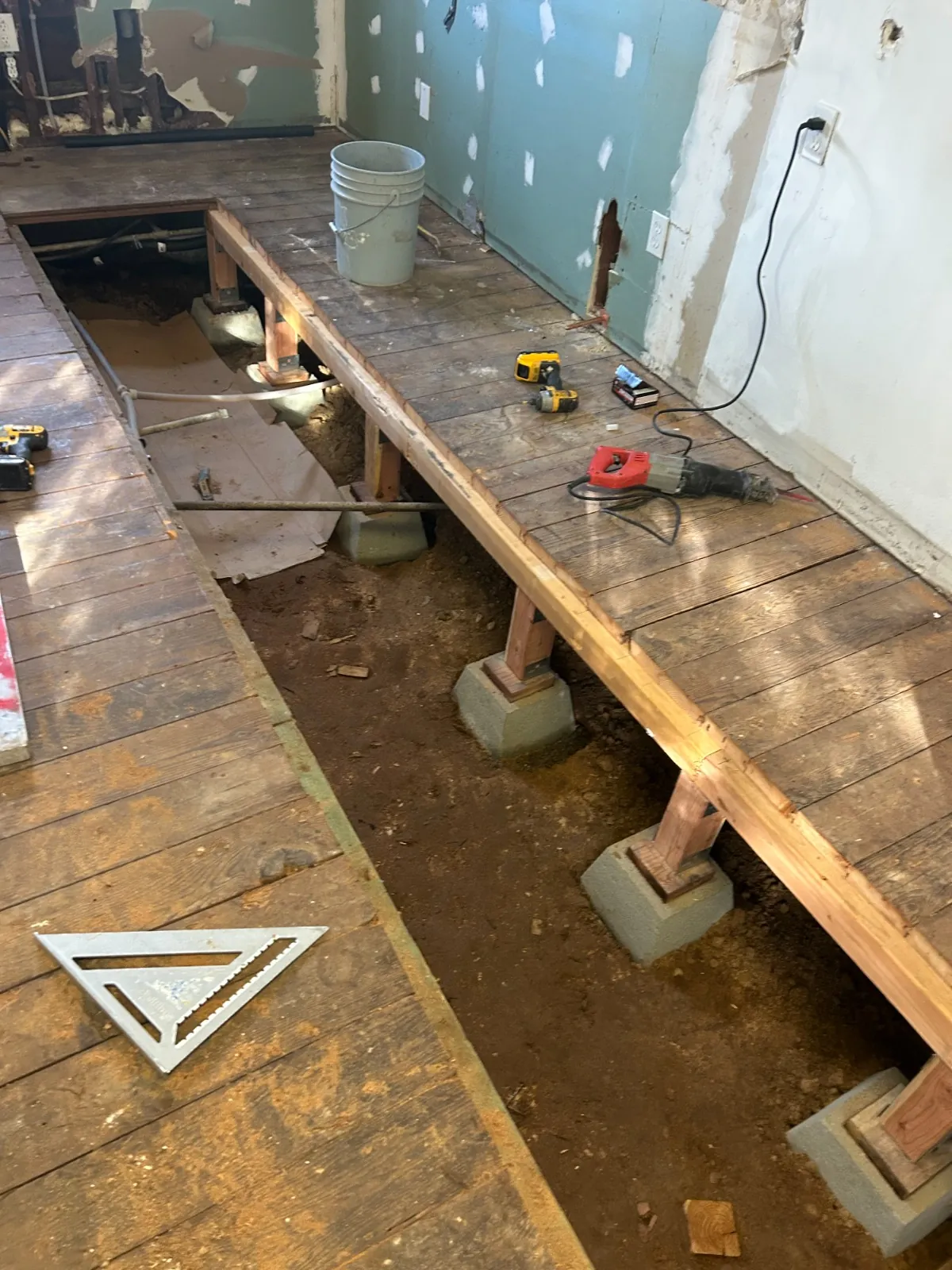 Exposed framing during subfloor repair