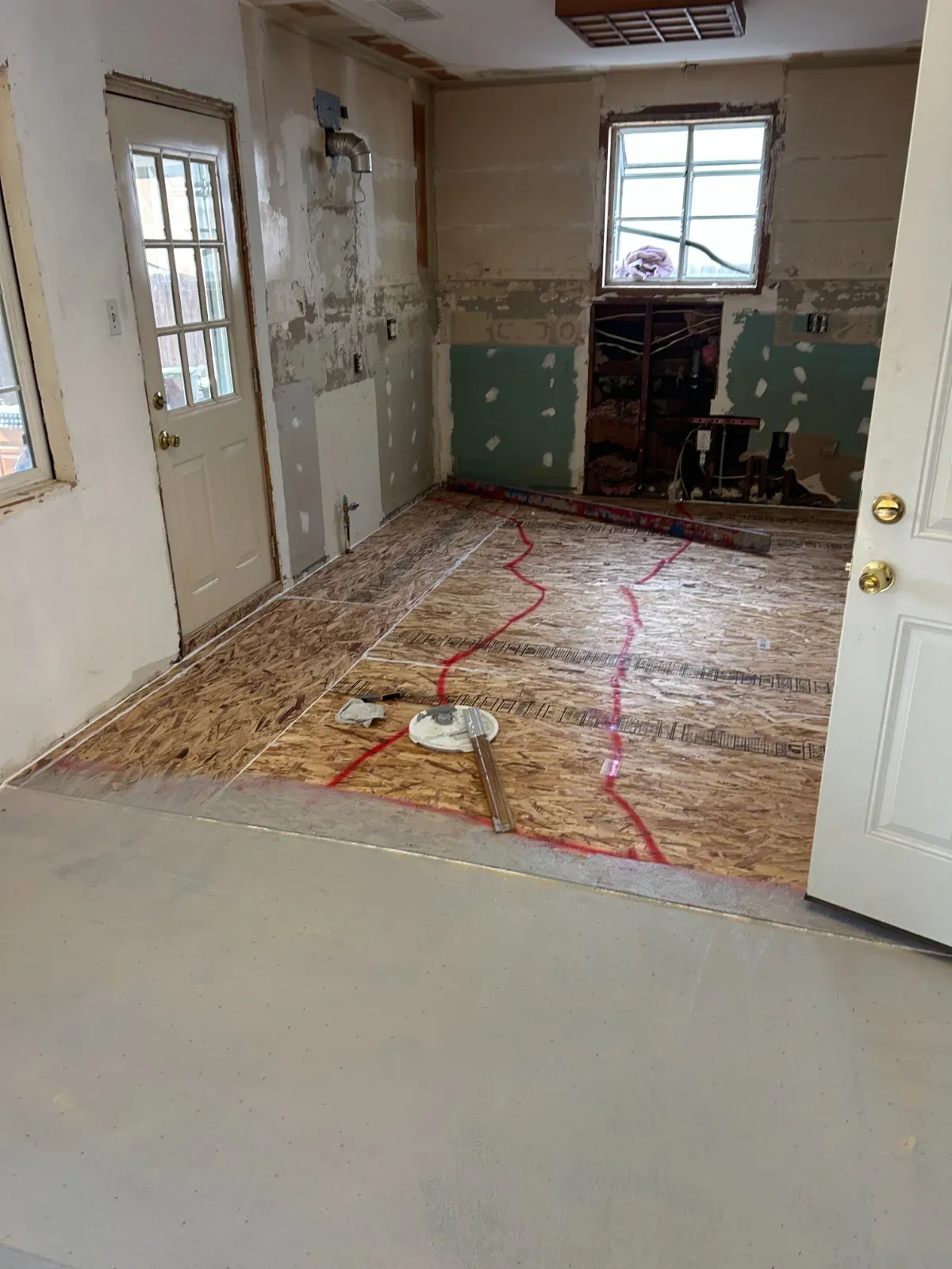OSB subfloor with layout markings