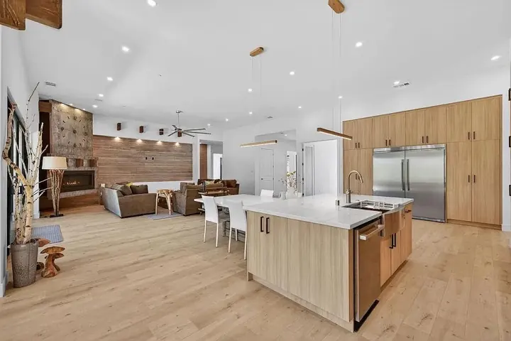 Open-plan room, finished plank floor
