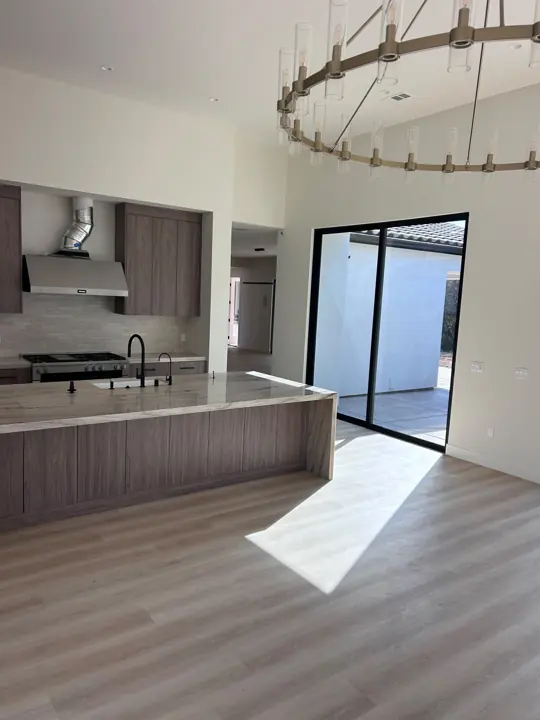 Plank floor around the kitchen island