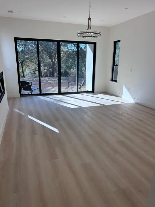 Living room with black sliding doors